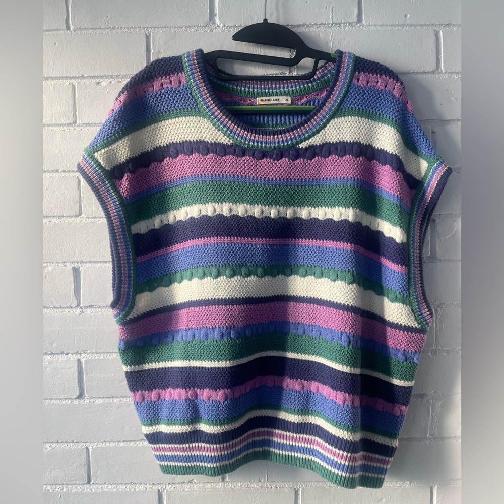 Marine Layer Striped Knit Sweater Vest in Purple, Green, White, Pink, Blue